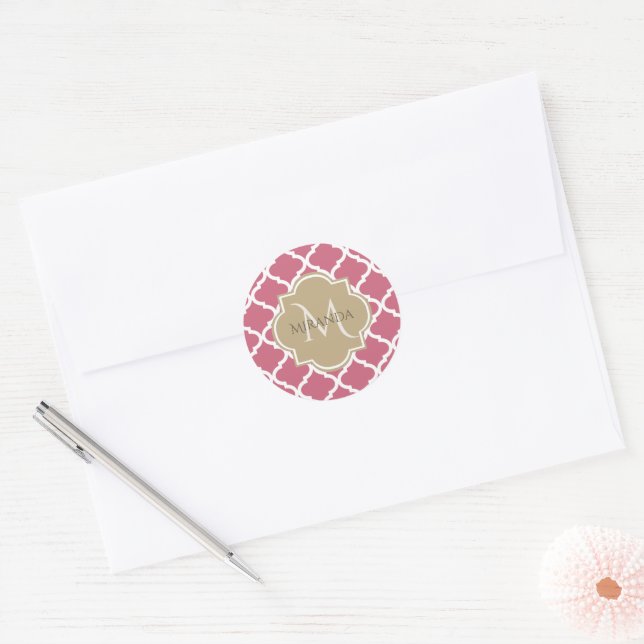 Monogram and Name Big Pink Quartrefoil Pattern  Classic Round Sticker (Envelope)
