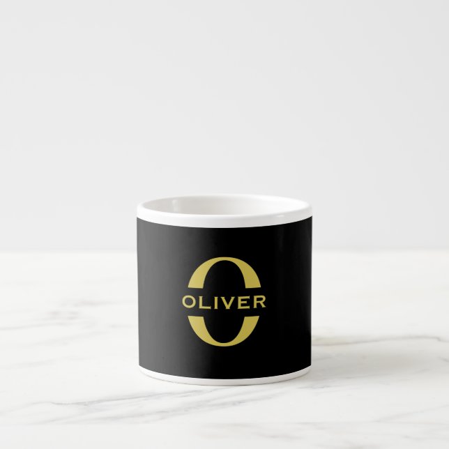 Monogram And Name Black And Gold Personalised Espresso Cup (Front)