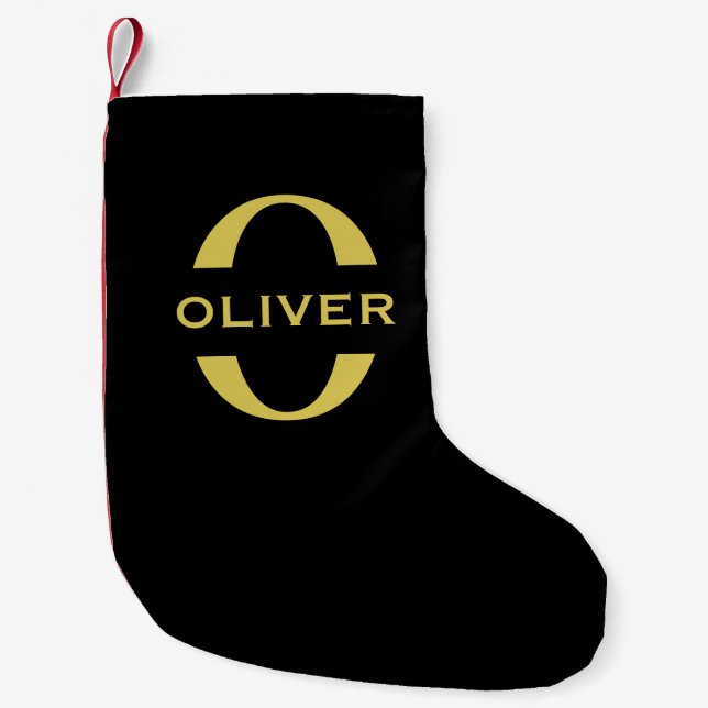 Monogram And Name Black And Gold Personalised Small Christmas Stocking (Front)
