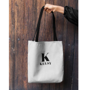 Monogram and Name Black and White Tote Bag