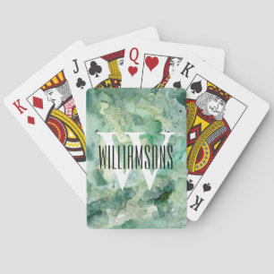 Monogram and Name Custom Green Watercolor Playing Cards