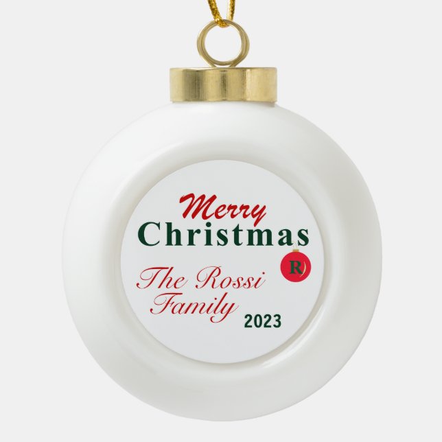 Monogram and Name Merry Christmas Ceramic Ball Christmas Ornament (Front)