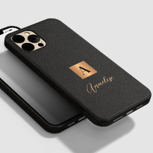 Monogram and name personalised black gold iPhone 14 pro max case