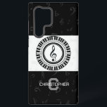 Monogram and name treble clef in piano keys samsung galaxy case<br><div class="desc">Contemporary black and white treble clef musical notes surrounded by a circle of piano keys. Background features subtle pale grey musical notes on black and white .Design can be personalised with name and monogram or removed</div>