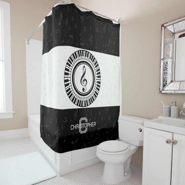 Monogram and name treble clef in piano keys shower curtain (In Situ)