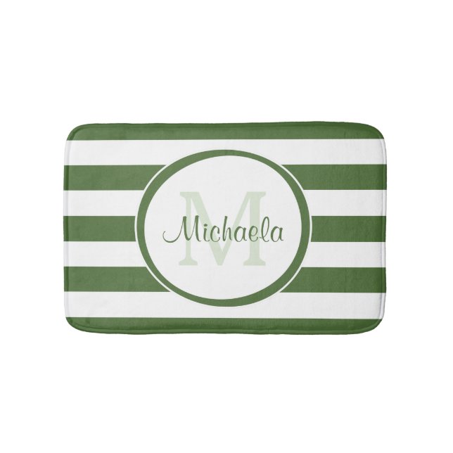 Monogram and Name With Trendy Even Green Stripes Bath Mat (Front)
