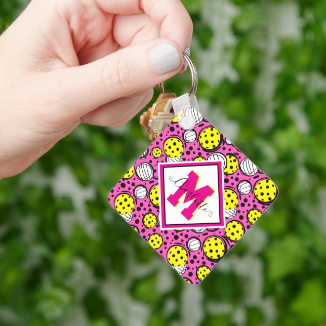 Monogram and name yellow pickleballs on pink key ring (Hand)