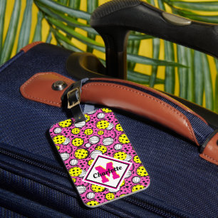 Monogram and name yellow pickleballs on pink luggage tag