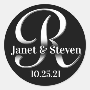 Monogram and Names Black and White Classic Round Sticker