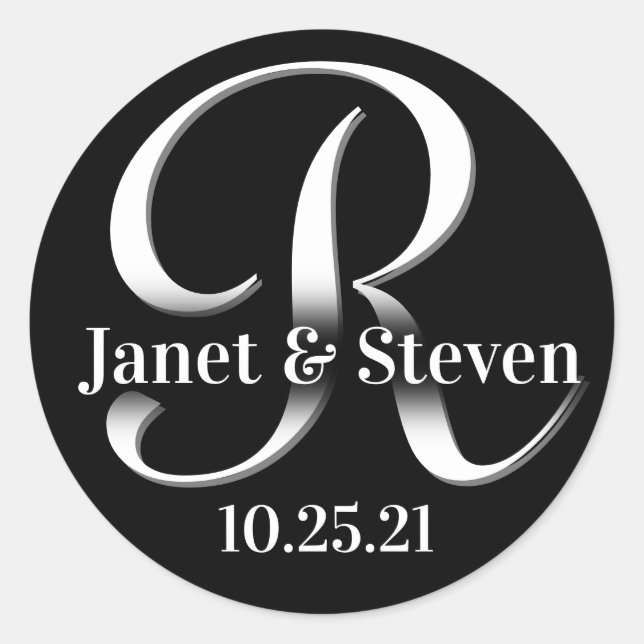 Monogram and Names Black and White Classic Round Sticker (Front)
