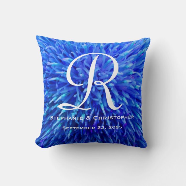 Monogram and Names Blue Abstract Floral Square Cushion (Front)