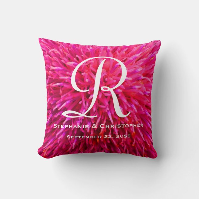 Monogram and Names Hot Pink Abstract Floral Square Cushion (Front)