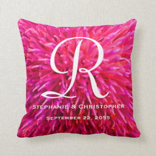 Monogram and Names Hot Pink Abstract Floral Square Cushion