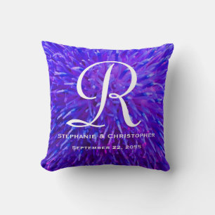 Monogram and Names Purple Abstract Floral Cushion