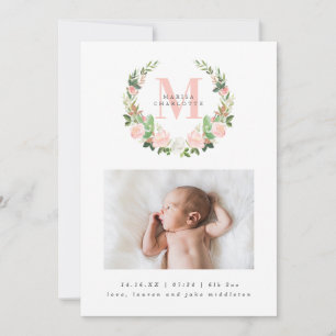 Monogram and Pink Roses Wreath Photo Birth Announcement