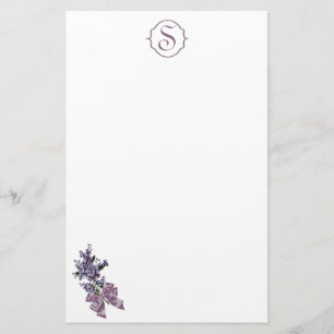 Monogram and Purple Lilac Spray with Ribbon Bow Stationery