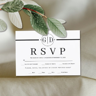 Monogram and stripe black and white formal wedding RSVP card