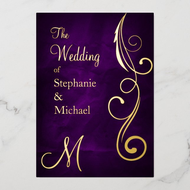 Monogram and Swirl on Purple Wedding Gold Foil (Front)