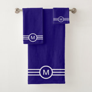 Monogram and White Stripes on Blue Bath Towel Set