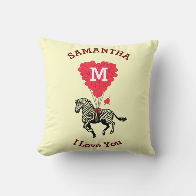 Monogram and zebra red heart personalised cushion (Front)