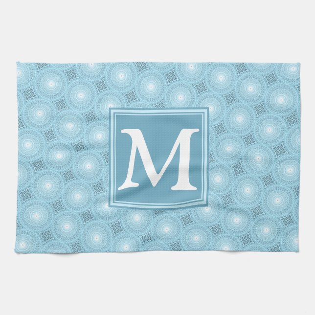 Monogram angel blue circles pattern tea towel (Horizontal)