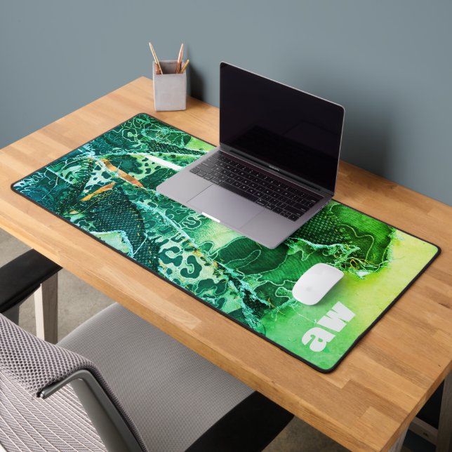 Monogram Animal Leopard Print Pattern Green Bold Desk Mat (Office 2)