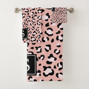 Monogram - Animal Print, Spotted Leopard - Pink Bath Towel Set