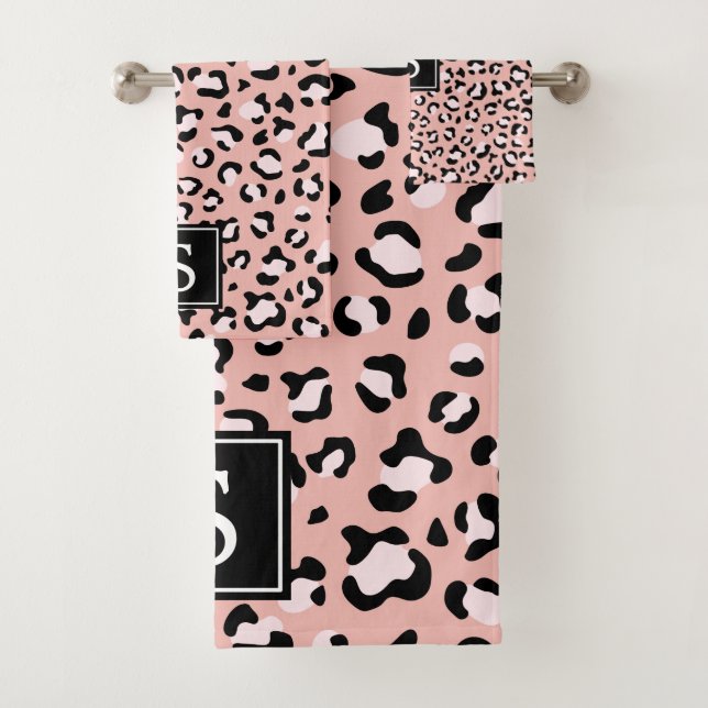 Monogram - Animal Print, Spotted Leopard - Pink Bath Towel Set (Insitu)