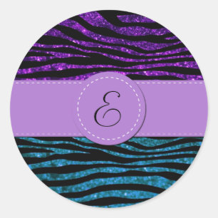 Monogram - Animal Print, Zebra, Glitter - Blue Classic Round Sticker