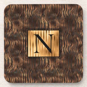 Monogram Animal Tiger Print Gold Elegant Metallic Coaster