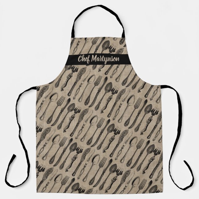Monogram Antique Cutlery Vintage Utensils Burlap Apron (Front)