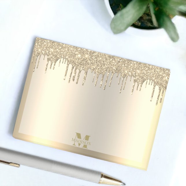 Monogram Antique Gold Dripping Glitter Metallic Post-it Notes (Creator Uploaded)