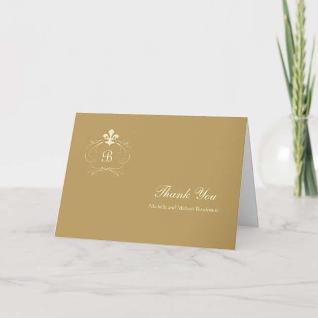 Monogram Antique Gold Fleur de Lis Thank You Card (Front)