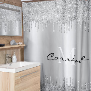 Monogram Antique Silver Dripping Glitter Metallic Shower Curtain