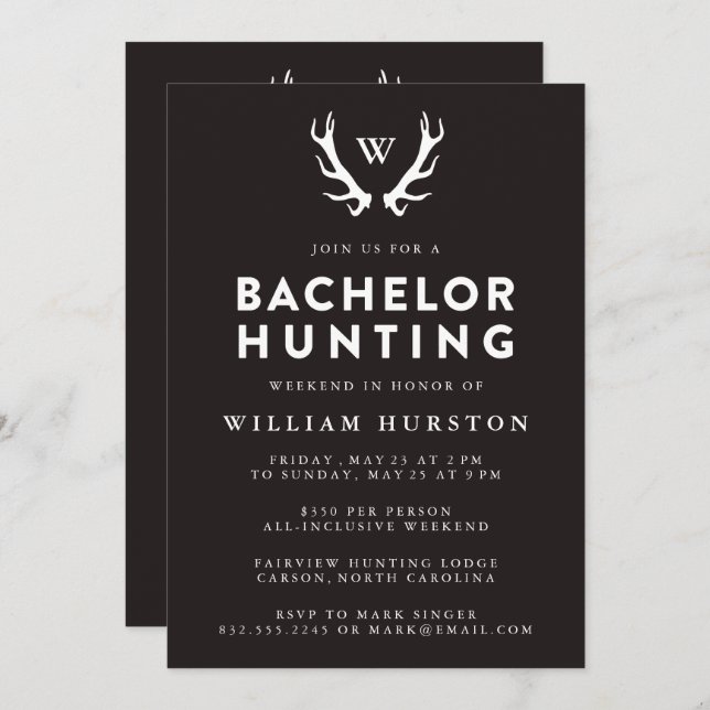 Monogram Antlers Hunting Bachelor Party Invitation (Front/Back)