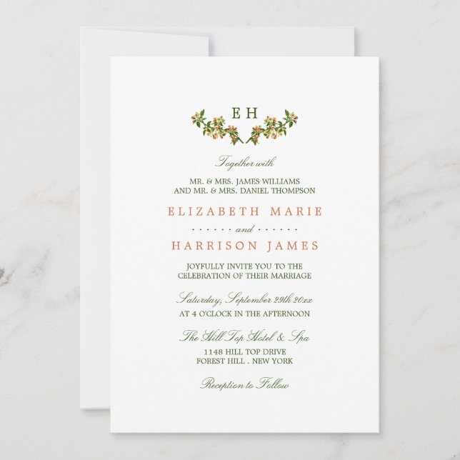 Monogram Apple Branch Wedding Invitation (Front)
