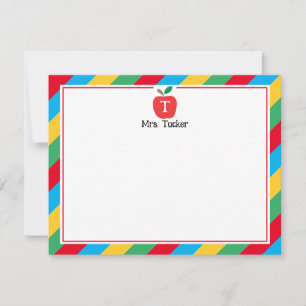 Monogram Apple Colourful Cute Teacher Stationery Card