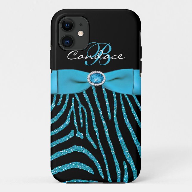 Monogram Aqua, Black Glitter Zebra iPhone 5 Case (Back)