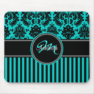 Monogram Aqua Black White Stripe Damask Mousepad