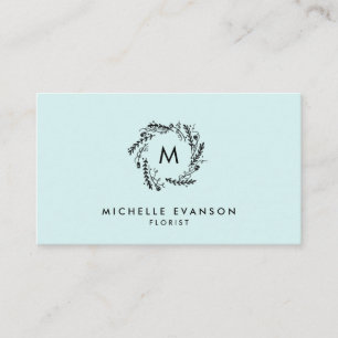 Monogram Aqua Blue and Black Floral Wreath Business Card