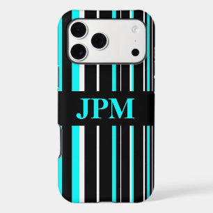 Monogram Aqua Blue, Black Barcode Stripe