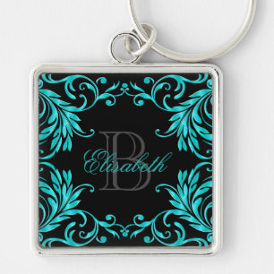 Monogram Aqua Blue Damask Key Ring