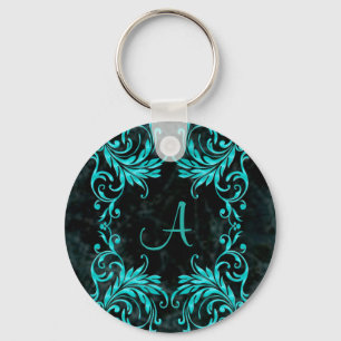 Monogram Aqua Blue Damask Key Ring