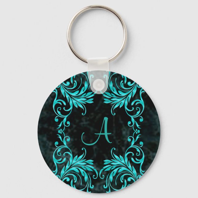 Monogram Aqua Blue Damask Key Ring (Front)