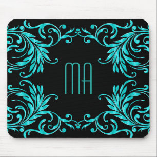 Monogram Aqua Blue Damask Mouse Pad