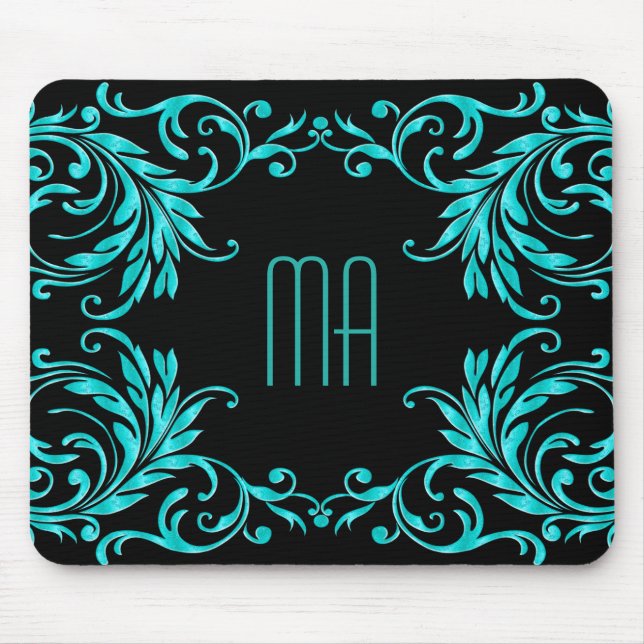 Monogram Aqua Blue Damask Mouse Pad (Front)