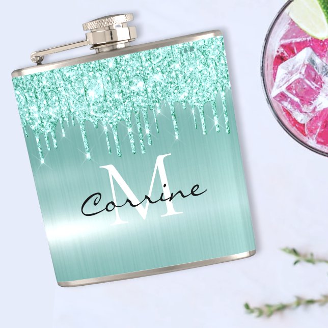 Monogram Aqua Blue Dripping Glitter Custom Flask (Creator Uploaded)