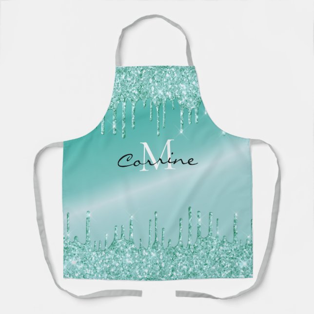Monogram Aqua Blue Dripping Teal Glitter Metallic Apron (Front)