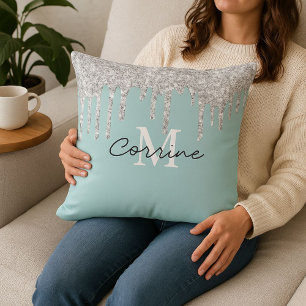 Monogram Aqua Blue Foil + Silver Dripping Glitter Cushion
