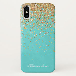 Monogram Aqua Blue Gold Glitter Confetti Girly iPhone X Case